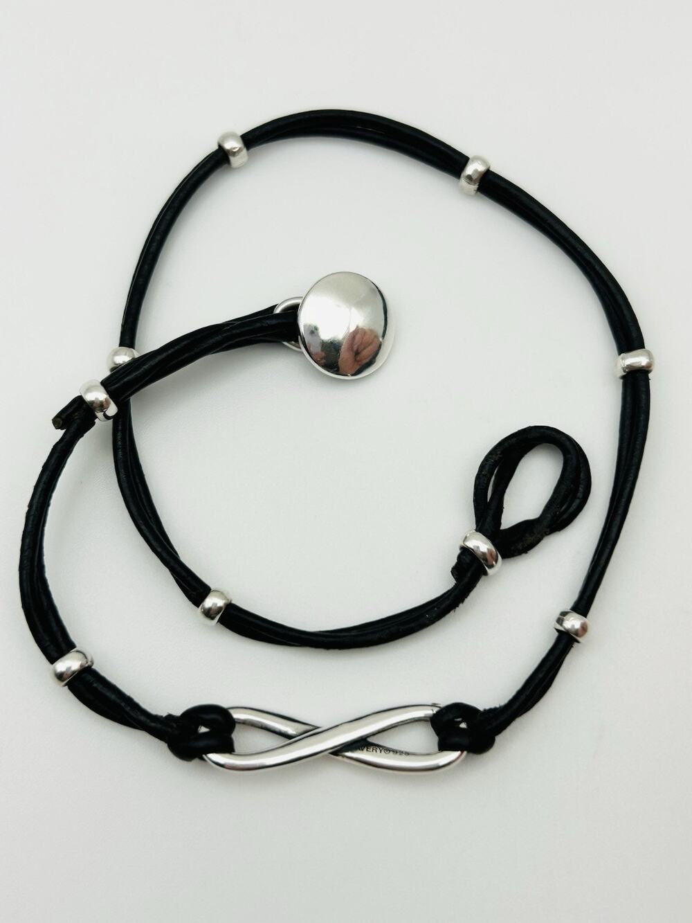 James Avery Retired 925 Sterling Silver Black Natural Leather Infinity Bracelet